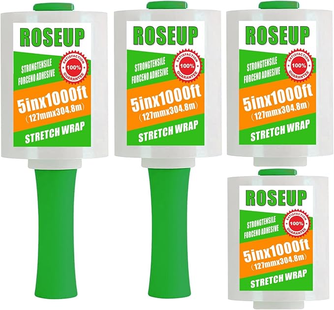 ROSEUP Clear Stretch Wrap Film 5" x 1000ft Roll with Handle, 80 Gauge Thick Cling Plastic Wrap for Moving, Pallet Wrap, Self Adhering Packaging Heavy Duty Shrink Film, 4 Pack
