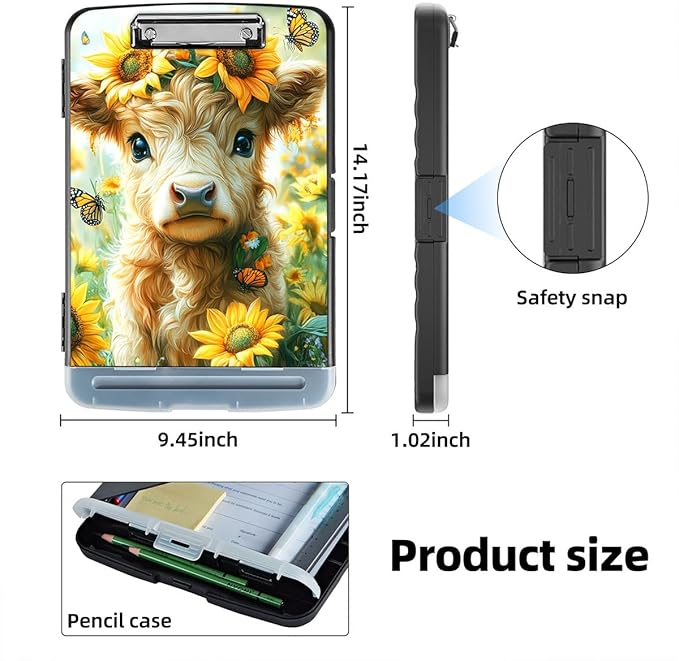 Clipboard with Storage Box & Pen Holder,Heavy Duty Clip Boards 8.5x11 for Nursing,High Capacity,School & Office Supplies,Sunflower Calf