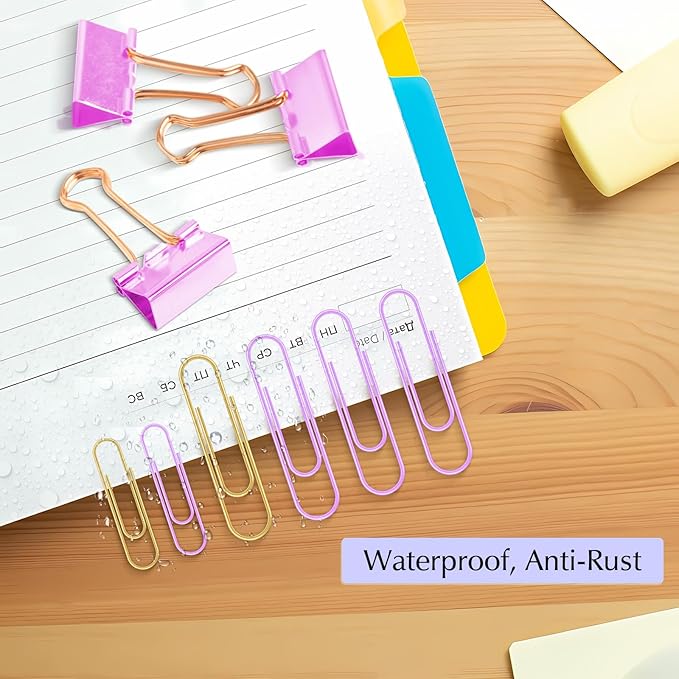 Cute Paper Clips Binder Clips Combo Set, 165 Psc, Assorted Size Paper Clips for Office, Cute Office Supplies Set, Purple
