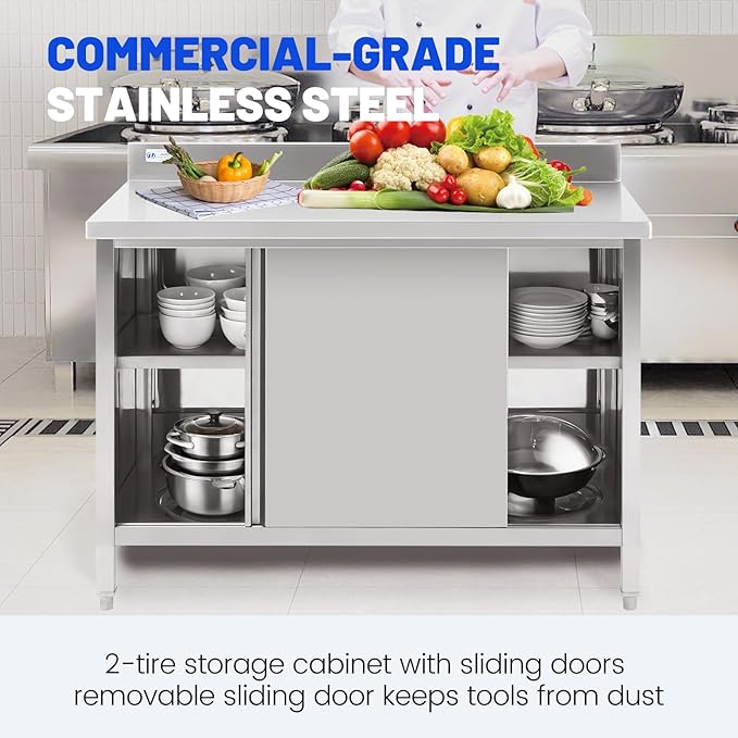 Hally Stainless Steel Cabinet, 24" x 48" NSF Commercial Heavy Duty Prep Workbench with Backsplash and Two Sliding Doors, Large Storage Cabinet, Metal Table for Kitchen, Restaurant, Garage