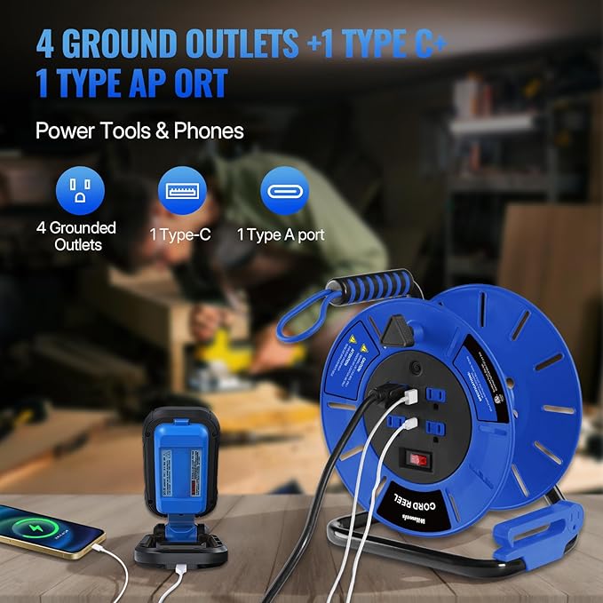 Extension Cord Storage Reel with 4-Grounded Outlet & 2 USB Port, 15A Circuit Breaker, Heavy Duty Open Cord Reel for 12/3,14/3 Gauge Power Cord, Hand Wind Retractable, ETL Listed Blue U85CR06