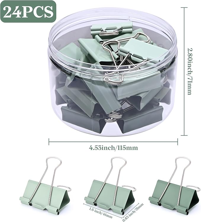 Temiary Aesthetic Binder Clips, 24 Pcs 1.6 Inches Small Metal Binder Clip with Clear Storage Container, Binding Paperwork Clamps for School Teachers Office Supplies (Green)