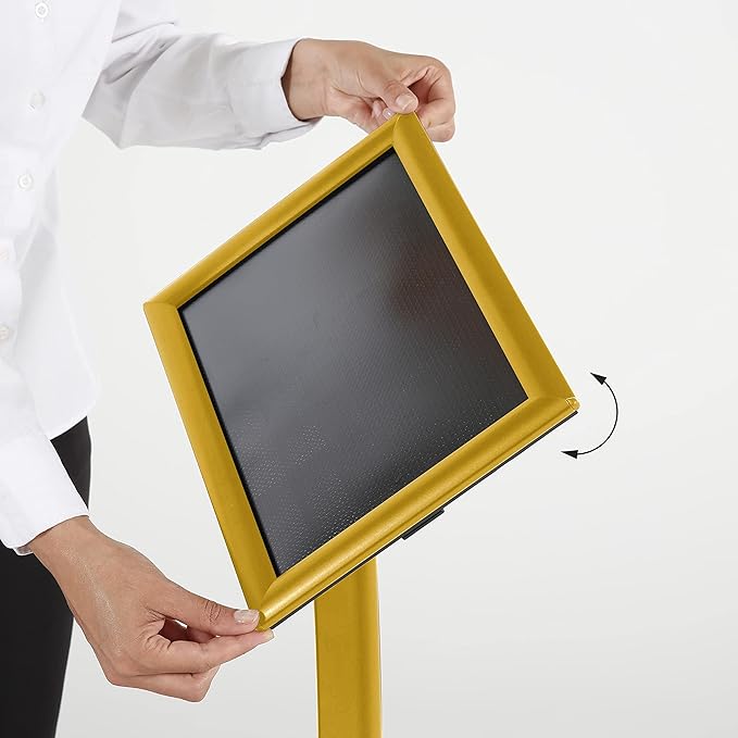 M&T Displays Simplistic Curved Menu Board 11x17 inch Gold Pedestal Sign Holder Floor Standing Aluminum Front Loading Easy Open Poster Advertisement Sign Holder for Restaurant Cafe Hotel