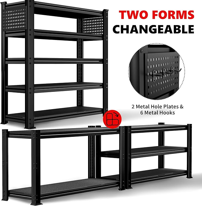 SILVEL 48.2" W Garage Shelving, 5000LBS Heavy Duty Metal Shelving, 2025 Solid Storage Shelves with 2 Side Pegboards, Industrial 5 Tier Shelves for Basement Pantry Warehouse Supermarket, 10 Pack