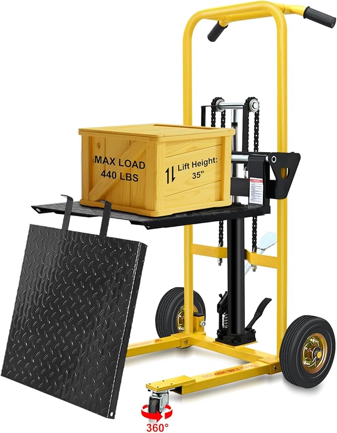 Hydraulic Material Lift, Pallet Jack Table Cart- 480-Lb. Capacity, 35in Lift. with Swivel Wheels, Steel Platform Board (03 Yellow, 480 LB)