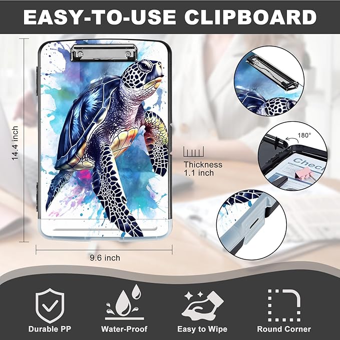 Heavy Duty Plastic Clipboard with Storage & Pen Holder, Low Profile Clip - Blue Turtle