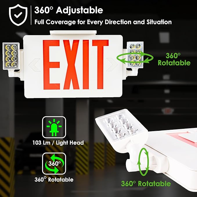 Gruenlich LED Combo Exit Sign, Emergency Light with 2 Adjustable Heads and Double Face, Back Up Batteries- US Standard Red Letter EXIT, UL 924 Qualified, 120-277 Voltage, 2-Pack