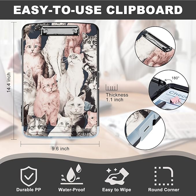 Clipboard with Storage,Storage Clipboard with Pen Holder,Heavy Duty Plastic Storage Clipboard with Low Profile Clip, Clipboard Folder, Teacher Must Haves, Office Supplies,Many Cute Cats