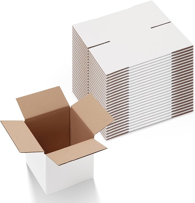 Calenzana 6x6x6 Inches Shipping Boxes Set of 25, White Corrugated Cardboard Box for Packing Mailing Small Business