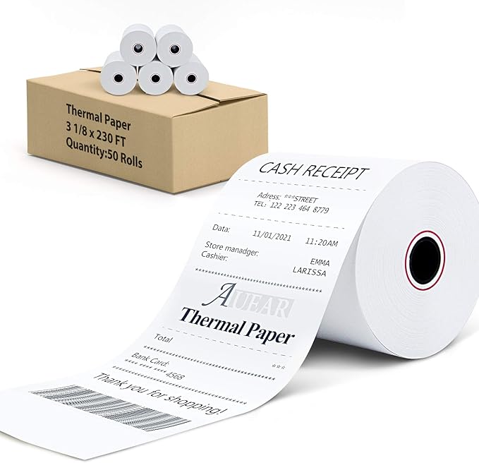 AUEAR, Thermal Cash Register POS Paper Rolls, 3 1/8" x 230' - BPA Free (50 Pack)