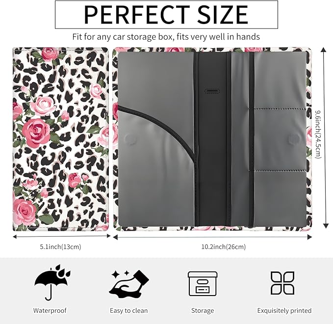 Premium Car Registration and Insurance Card Holder, Cute PU Leather Car Document Holder, Vehicle Glove Box Car Organizer with Magnetic Closure for Driver License, Cards Leopard Rose