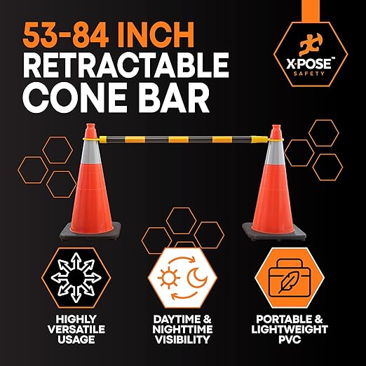 Retractable Barrier for Safety Traffic Cones - 2" OD - Large Yellow and Black Bar Barricade - for Road Construction, Parking, Warning, Temporary Security Divider (20, Yellow & Black, 53" x 84")