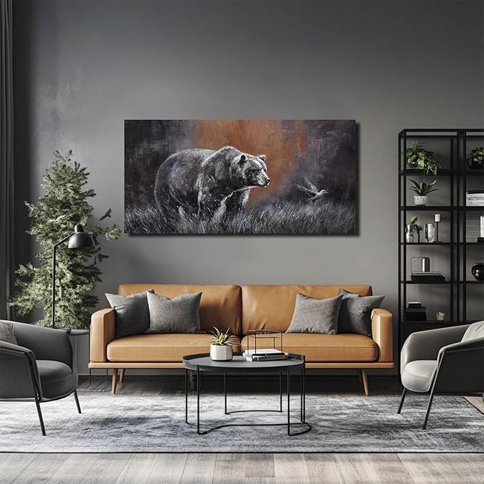 ZHENGYIN Black and White Bear Wall Art,Large Grizzly Wildlife Canvas Print, Bird Accent, Rustic Western Wall Decor for Living Room Office, Above Sofa, 24x48 Inch