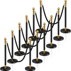 Ferraycle 12 Pcs Stainless Steel Stanchions Post Queue 5 ft Carpet Ropes and Poles Crowd Control Barriers Sand Injection Hollow Base and Velvet Ropes Set for Party Supplies(Black, Gold)