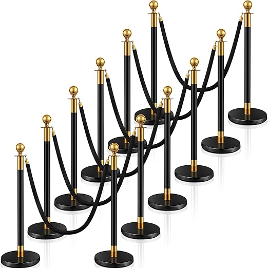 Ferraycle 12 Pcs Stainless Steel Stanchions Post Queue 5 ft Carpet Ropes and Poles Crowd Control Barriers Sand Injection Hollow Base and Velvet Ropes Set for Party Supplies(Black, Gold)