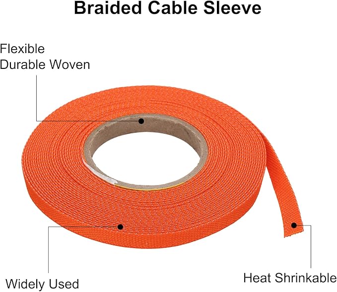 MECCANIXITY Braided Cable Sleeves Heat Shrinkable Fabric Sleeving, 1/4" 33ft Orange 2:1 Ratio Heat Shrinkable Cord Protector for Harness Cable, Network Cable Protection, Cable Management