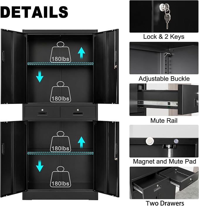 Metal Storage Cabinet, 71" Locking Storage Cabinet with Adjustable Shelves and 2 Drawers, Steel Cabinets for Office, Garage, Home, School, Utility Room(Black)