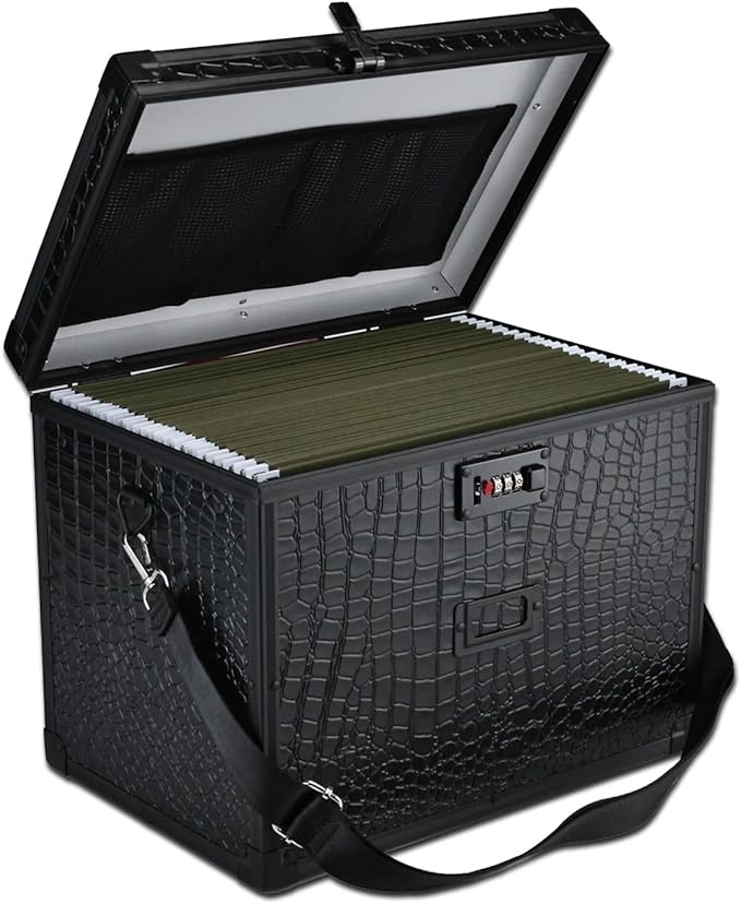 File Storage Cabinet File Organizer Document Organizer File Box in Office and Home with Combination Lock with 20 Letter Size Hanging Files (Aligator Black)