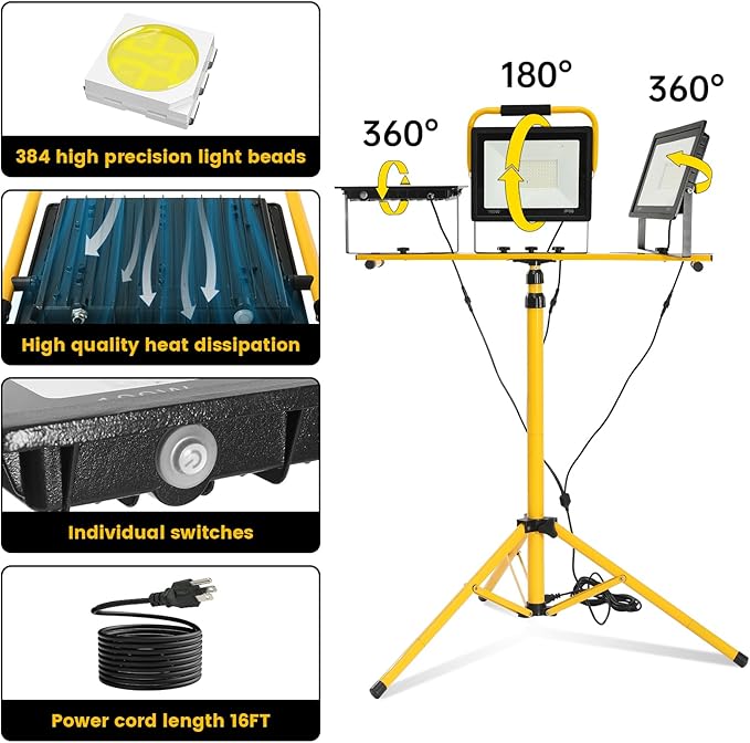 30000 Lumen Super Bright Portable Heavy Duty LED Work Light with Foldable Tripod Stand 16.4FT Cord, Waterproof 3 Head Adjustable 100W Large Job Site Lighting Worklight for Construction Workshop Garage