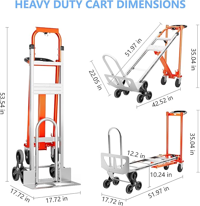 4 in 1 Industrial Convertible Stair Climbing Cart 1000 LBS Capacity, Heavy Duty Aluminum Hand Truck Dolly Cart with Solid Wheel, Folding Stair Climbing Cart Trolley for Transport Logistics Moving