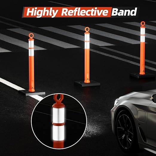 RoadHero 42 Inch Delineator Post with Base, Portable Orange Traffic Delineator Posts Cones with Reflective Collars for Parking Lots, Road Safety, Construction Events (3 Pack)