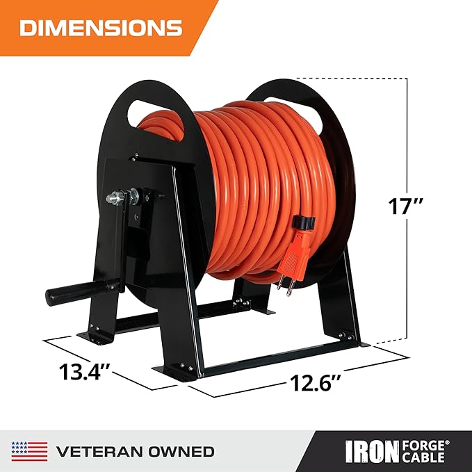 Iron Forge Cable RV Power Cord Reel Metal - Heavy Duty Extension Cord Reel, Holds 50ft 50 Amp RV Wire - Ball Bearing Spin, Powder-Coated Black Steel Frame, Floor or Wall Mountable Base
