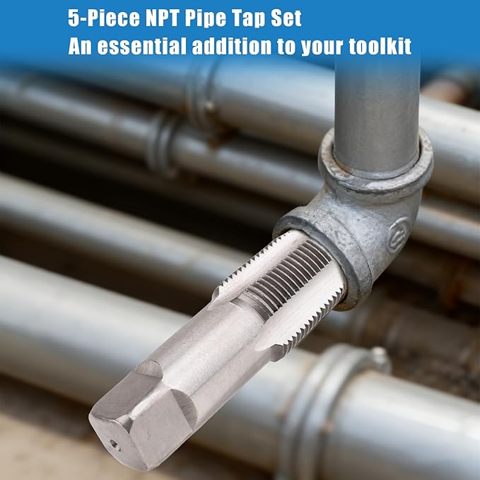 5-Piece NPT Pipe Tap Set, NPT Tap and Die Set with 1/8", 1/4", 3/8", 1/2" and 3/4" Sizes – Carbon Steel Hand Threading Tool for Plumbing, Mechanics, DIY Tasks, Delivers Clean Accurate Threads
