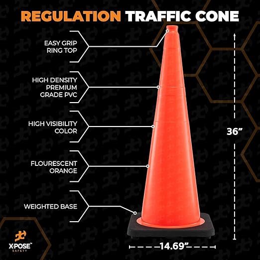 Xpose Safety 36 Inch Orange Traffic Cones Heavy Duty 12lb, 24-Pack - Multipurpose PVC Plastic Safety Cone for Parking, Soccer, Caution, Kids and Construction - DOT Approved
