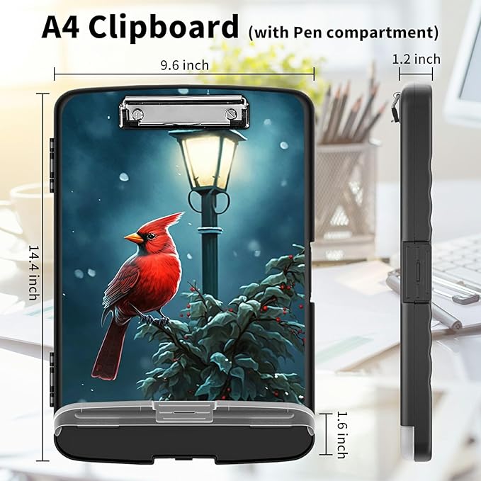 Clipboard with Storage High Capacity Plastic Nursing Clipboards with Pen Holder File Folder Storage Box Clipboard with Heavy Duty Clips for Teacher,Doctor,Offices-Northern Cardinal Bird
