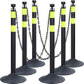 6-Set Pack 40" inch Black Yellow Work Zone Chain Post Set, 6 x 6.6' Feet Plastic Chains, Portable Crowd Control Stanchion Set, Traffic Queue Delineator Post Cones (Black-Rubber Base)