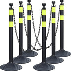 6-Set Pack 40" inch Black Yellow Work Zone Chain Post Set, 6 x 6.6' Feet Plastic Chains, Portable Crowd Control Stanchion Set, Traffic Queue Delineator Post Cones (Black-Rubber Base)