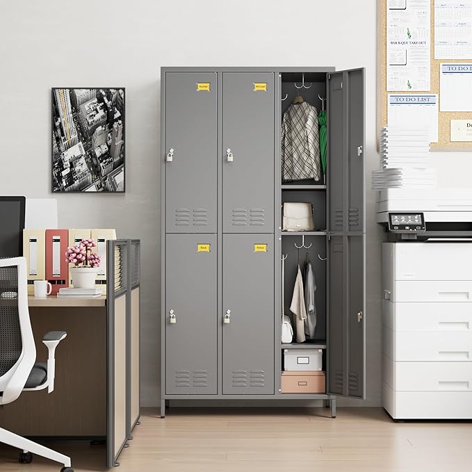 Employees Locker, 72" inch Tall Metal Storage Locker with 6 Doors for School Hospital Garage Gym Home Office with 12 Hooks, Requires Assembly (Dark Grey)