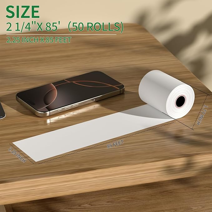 (50 Rolls) 2 1/4" x 85' Thermal Receipt Paper Rolls, Cash Register POS Thermal Paper, Credit Card Thermal 2 1/4 in x 85 ft.
