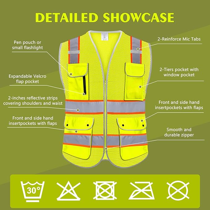 Reflective Safety Vest for Men Women with 8 Pockets and Zipper Front High Visibility Mesh Construction Vest