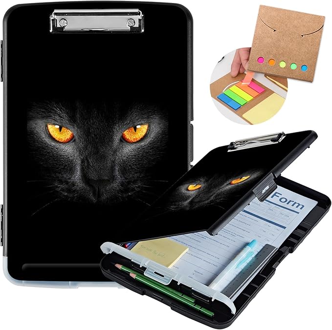 Clipboard with Storage,Heavy Duty Plastic Storage Clipboard with Low Profile Clip,Teacher Must Haves,Office Supplies,Black Cat Eyes