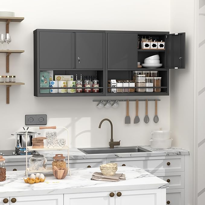 GREATMEET Garage Wall Cabinet, Metal Garage Storage Cabinets, Locking Utility Cabinet, Hanging Cabinets for Wall, Wall-Mounted Garage Cabinets, Black