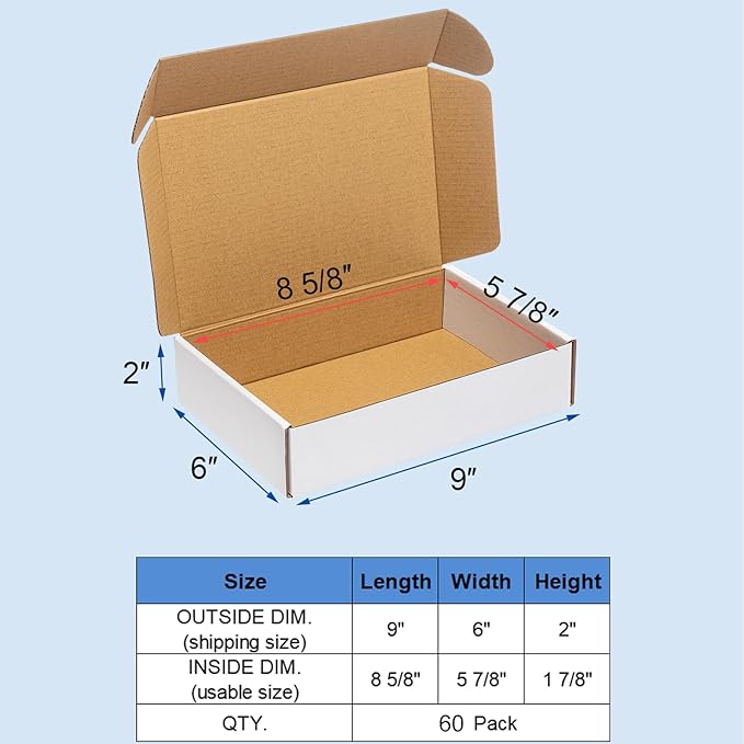Shipping Boxes 9x6x2" 60 Pack - White Corrugated Cardboard Mailing Box for Small Business - Literature Mailer Packaging Supplies