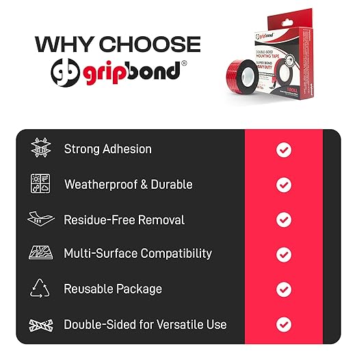 GripBond Black Super Bond Heavy Duty Double Sided Tape, 4 Rolls (10 Ft), 1.2” x 120” – Waterproof Adhesive Mounting Tape for Indoor/Outdoor, Walls, Automotive, Car, LED Strip Lights, Home, Office