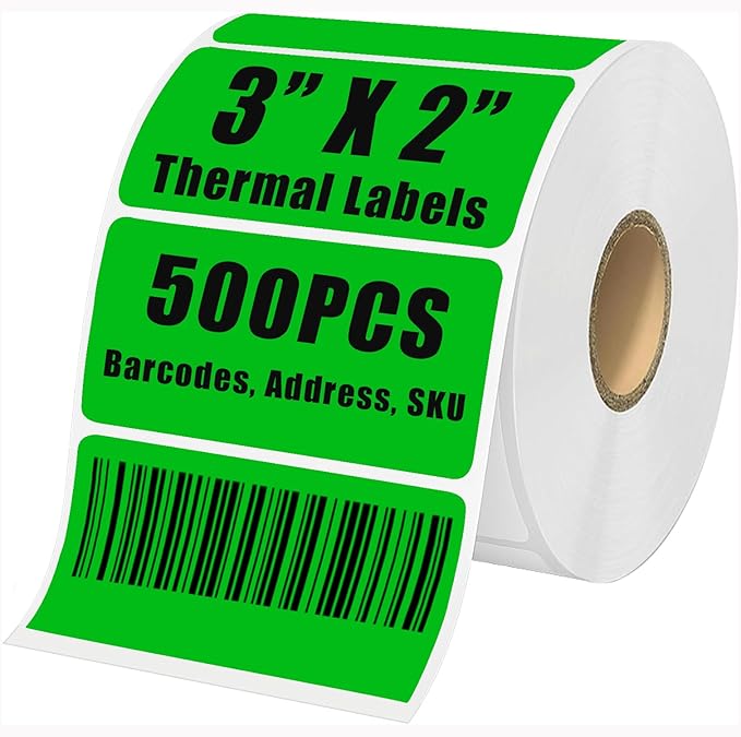 3" x 2" Thermal Labels Stickers Green, Thermal Printer Shipping Stickers, Multipurpose Inventory Self-Adhesive Direct Thermal Label for Small Business (500 Labels/Roll)