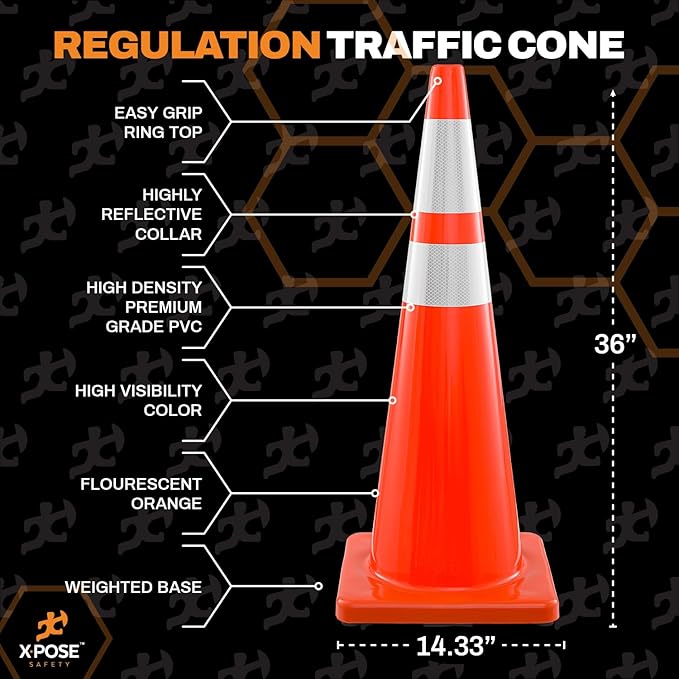 Xpose Safety 36 Inch Orange Traffic Cones Heavy Duty 12lb with 6" & 4" Collars, 4 Pack - Multipurpose PVC Plastic Safety Cone for Parking, Soccer, Caution, Kids and Construction - DOT Approved