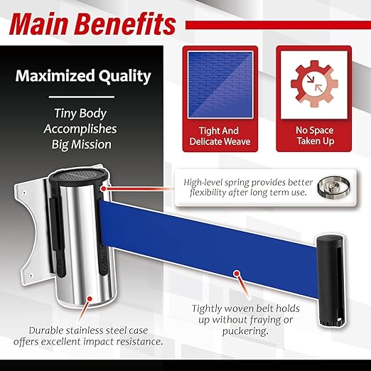 DuraSteel Wall Mount Crowd Control Retractable Belt Barrier- 9.2 Ft Blue Retractables Barrier Belt w/Stainless Steel Casing - Do Not Enter Crowd Control Barriers NOT Stanchions with Retractable Belts