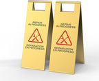 2 Pcs Maintenance Work in Progress Floor Sign , 24 Inch Stainless Steel Repair In Progress Sign Double Sided Foldable Bilingual Commercial Safety Warning for Hotel Market Restroom Restaurant Office (Gold)