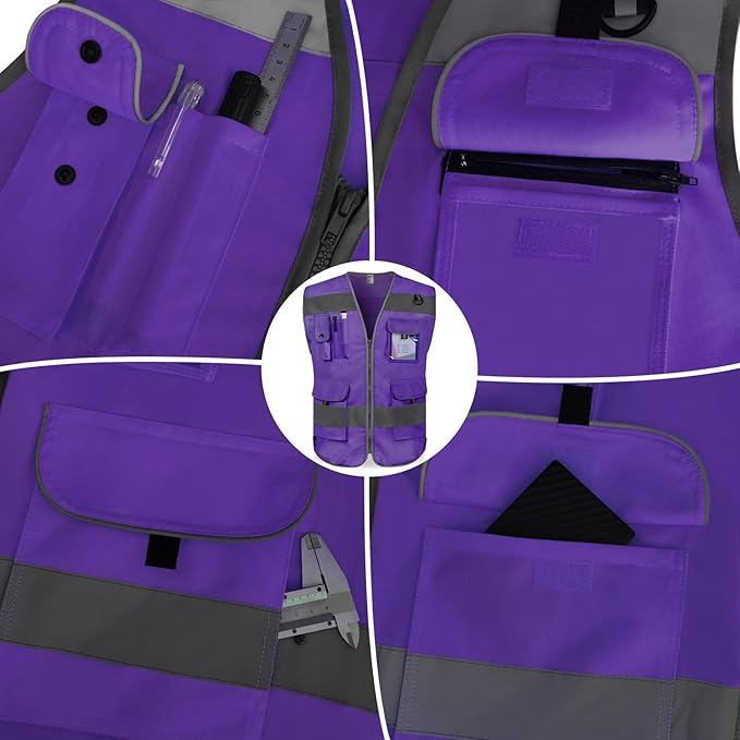 TCCFCCT Safety Vest for Men Women 9 Pockets High Visibility Reflective Safety Vest, Hi Vis Construction Vest with Reinforced Sewing, Durable to Use, Meets ANSI/ISEA Standards, (Purple, X-Large)