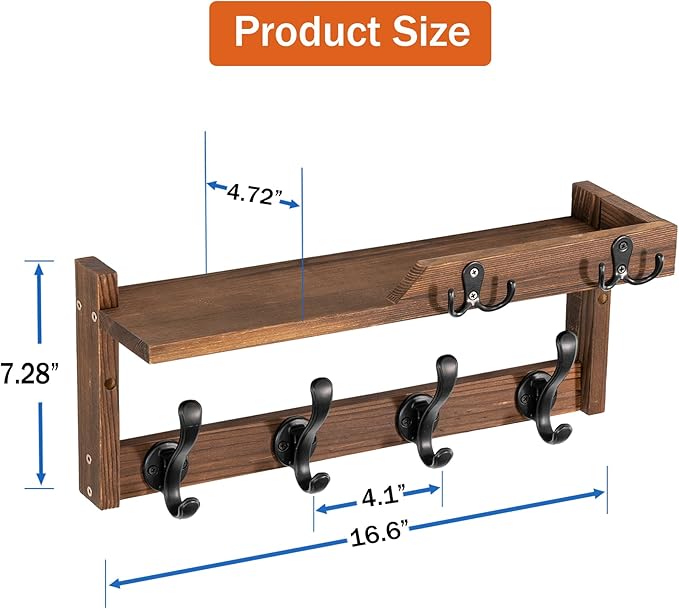 Coat Rack Wall Mount with Shelf, Coat Hanger Wall Mount with Key Hooks and Mail Holder, Wood Entryway Floating Shelf with Hooks and Storage, Hat Rack for Wall Key Holder Mail Organizer