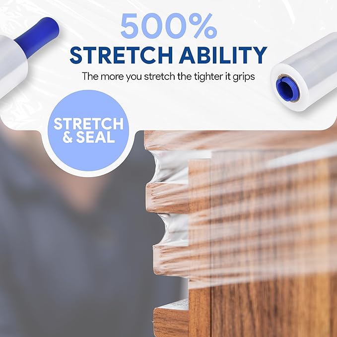 International Plastics Co. 5" Plastic Stretch Film/Wrap 1200ft 500% Stretch Clear Cling Durable Adhering Packing Moving Packaging Heavy Duty Shrink (36 Pack, 5" Spinning Handles)