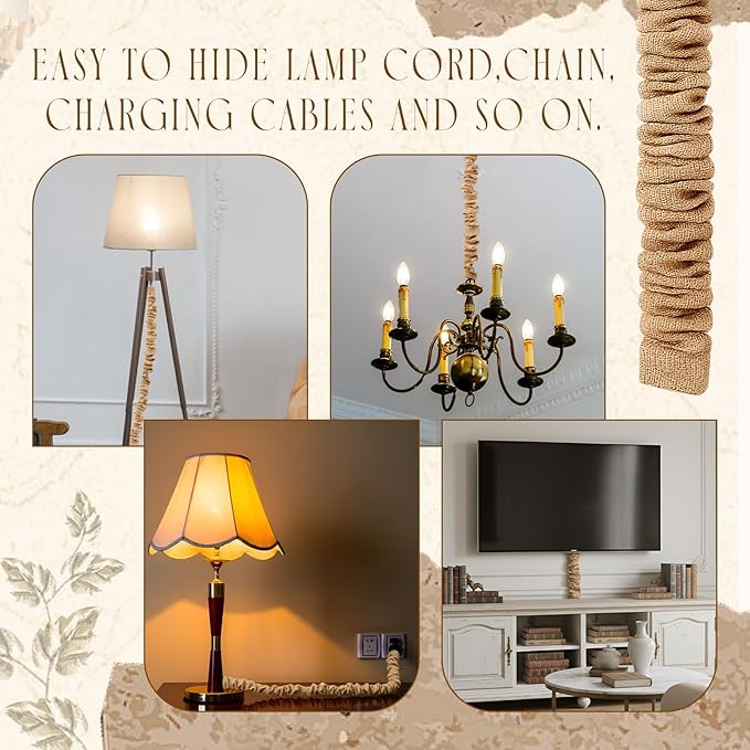 2 Pack 6 ft Fabric Cord Cover Chandelier Chain Sleeve Natural Jute with Hook and Loop Closure for Ceiling Lighting, Electrical Wires on Floor, Lamps Cable Management, Swings Chain Cover Decorative