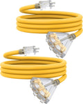 10Ft 12 Gauge Outdoor Extension Cord with 3-Outlets, Heavy Duty 3 Prong Extension Cord Waterproof with Lighted end, 15A SJTW, ETL Listed, Yellow