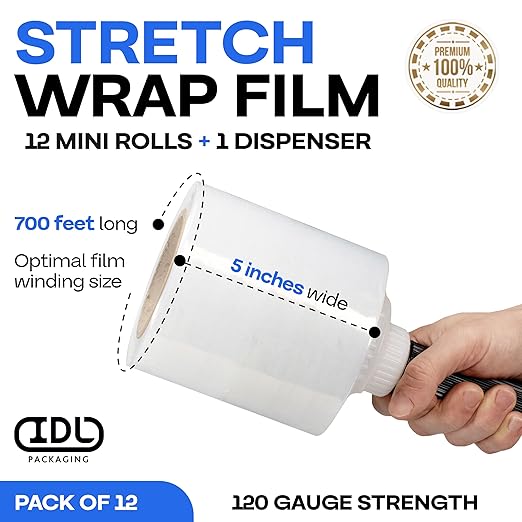 IDL Packaging 5" Stretch Wrap Mini Roll, 700 feet, 120 Gauge (Pack of 12) with a Plastic Handle Included – Industrial Grade Clear Plastic Wrap – Improved Protection for Packing, Moving, or Office