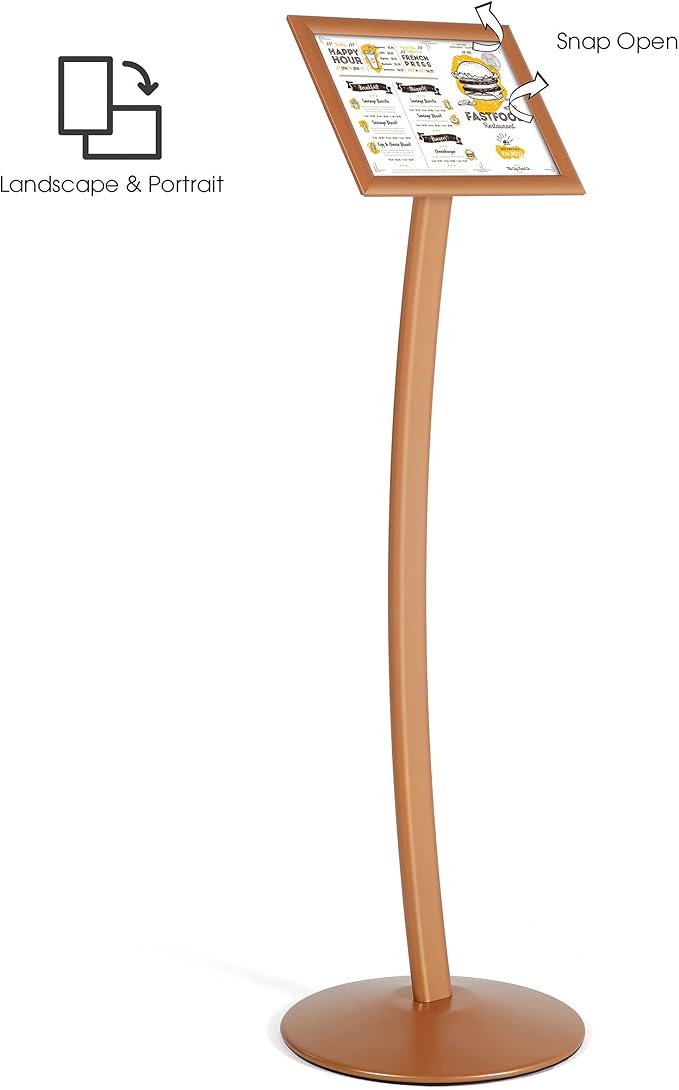 M&T Displays Curved Menu Board, 8.5x11 Pedestal Sign Holder Copper Floor Standing Aluminum Front Loading Easy Open Poster Message Advertisement Holder For Restaurant Cafe Hotel