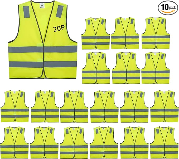 Safety Vests 10 Pack - Yellow Reflective High Visibility Construction ANSI Class 2 Work Vest for Men,Woman,Hi Vis Vest Mesh and Neon Silver Strip